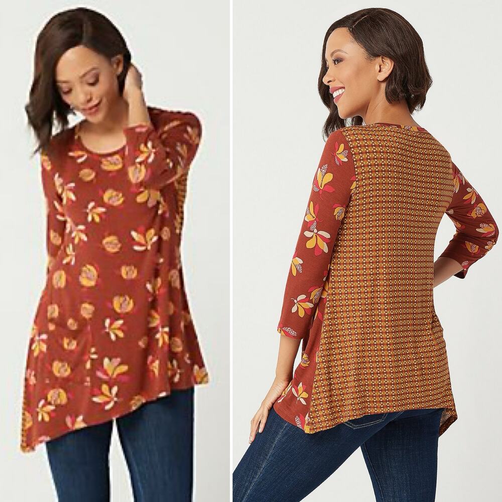 LOGO by Lori Goldstein Large Printed Knit Asymmetrical Hem‎ Top w/ Contrast Back